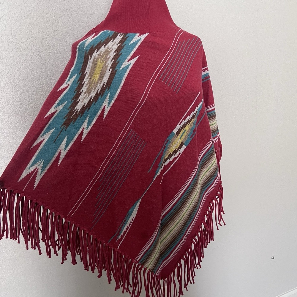 Tasha Polizzi Poncho Sweater One Size Cotton Red Southwestern Fringe Aztec